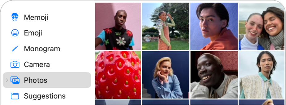 Opțiunile pentru imaginea contului Apple cu opțiunea Poze selectată în bara laterală și diverse poze afișate.