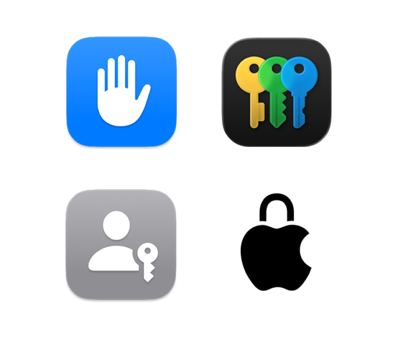 Štyri ikony predstavujúce nastavenie Súkromie a bezpečnosť, apku Heslá, prihlasovacie kľúče a Apple a súkromie.
