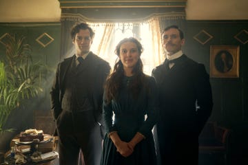 henry cavill as sherlock, millie bobby brown as enola and sam claflin as mycroft in enola holmes