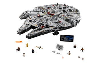 lego model of the star wars millennium falcon with lego figures