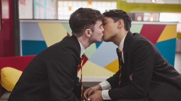 noah valentine as preston walters and adam ali as kai sharif kiss in waterloo road