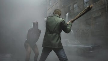 silent hill 2 remake, james sunderland attacks a creature with a bat