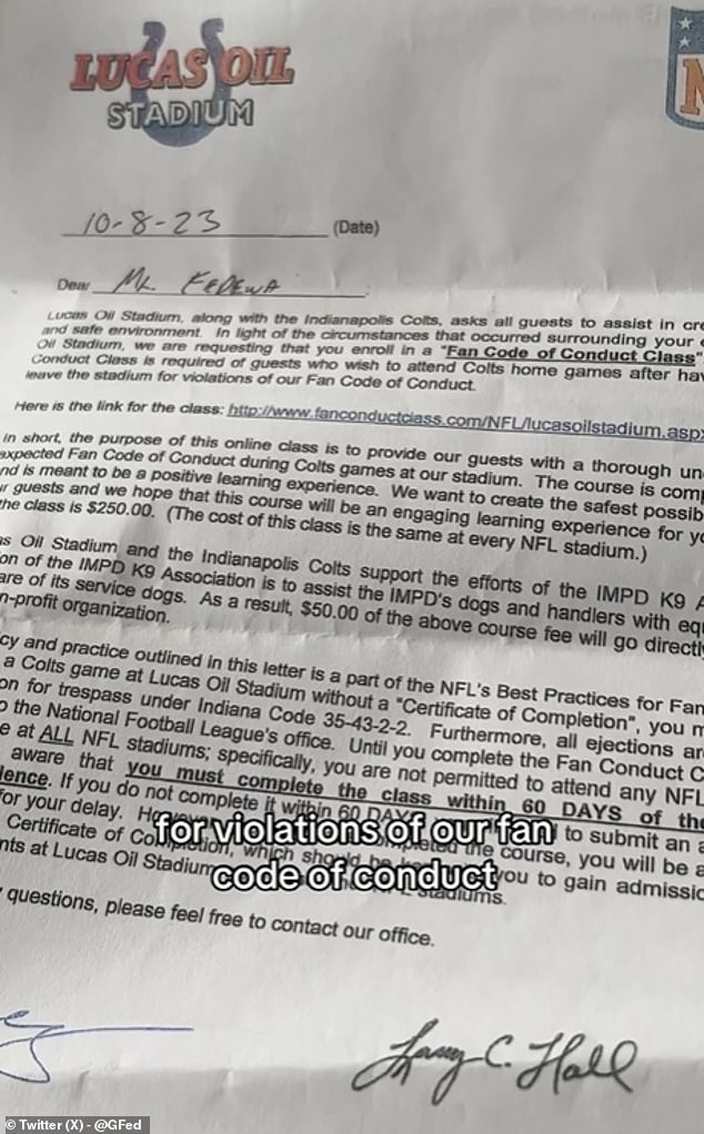 GFed was handed a letter stating his ban after wandering around Lucas Oil Stadium