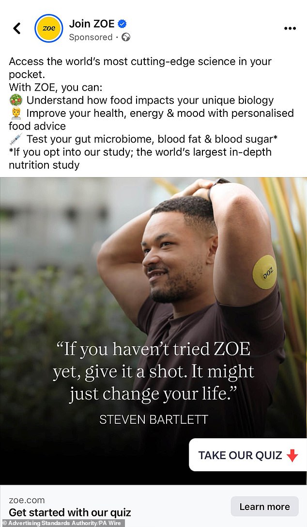 An advert for nutrition brand Zoe featuring Dragons' Den star Steven Bartlett was banned for failing to disclose their commercial relationship with the celebrity entrepreneur