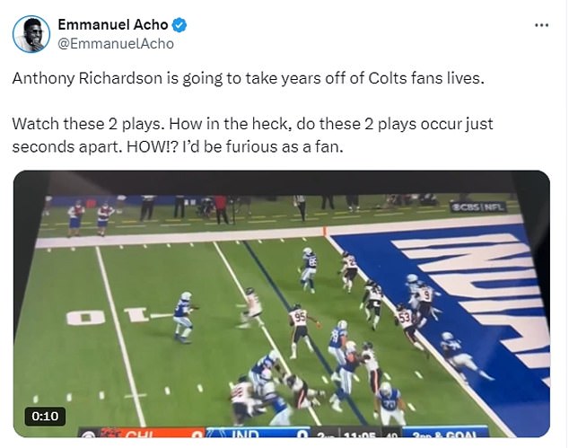 Ex-NFL star Emmanuel Acho claimed Richardson's play will 'take years off of Colts fans' lives'