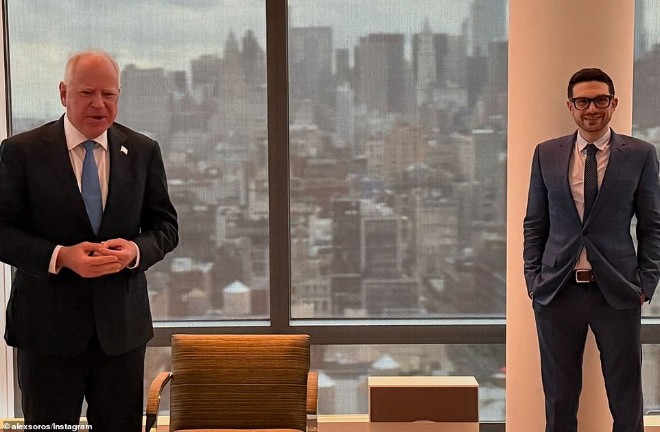 Tim Walz skirted his usual 'regular guy' image while hobnobbing with the son of billionaire Democrat donor George Soros in his posh New York City pad. Alex Soros (pictured right), the 38-year-old son of the global philanthropist, was handed the reins of his father's $25 billion empire in 2023 - and pledged to continue bankrolling left-wing causes.