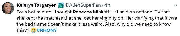 @AlienSuperFan added, 'For a hot minute I thought Rebecca Minkoff just said on national TV that she kept the mattress that she lost her virginity on. Her clarifying that it was the bed frame doesn¿t make it less weird. Also, why did we need to know this??'