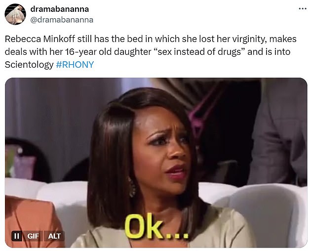 @dramabananna said, 'Rebecca Minkoff still has the bed in which she lost her virginity, makes deals with her 16-year old daughter ¿sex instead of drugs¿ and is into Scientology,' adding a meme that just said, 'OK'