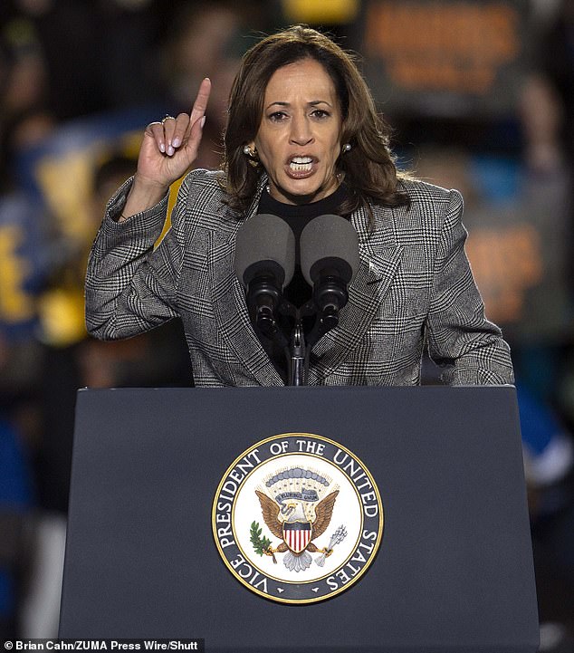 Democratic candidate for President, Kamala Harris, speaks during a campaign rally at Burns Park. Harris and Walz Rally in Ann Arbor, Michigan on October 28