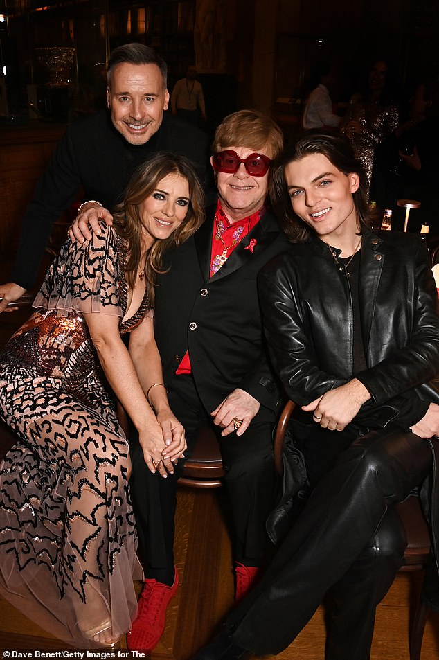 David Furnish, Elizabeth Hurley, Sir Elton John and Damian Hurley pose together for a photo