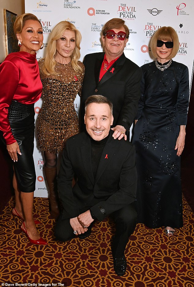 Vanessa Williams, Donatella Versace, David Furnish, Sir Elton John and Dame Anna Wintour at The Devil Wears Prada: The Musical charity gala last night, after Sir Elton John revealed on stage that he can no longer see