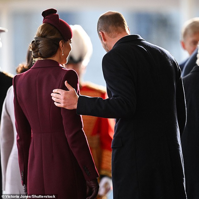 Photos and videos from today's ceremonial welcome of the Qatari royals in London showed William lovingly supported Kate as the Princess of Wales made a glamorous return to public life