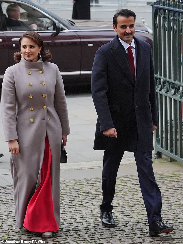 The Emir of Qatar, Sheikh Tamim bin Hamad Al Thani and his wife Sheikha Jawaher arrive for a tour of Westminster Abbey earlier today