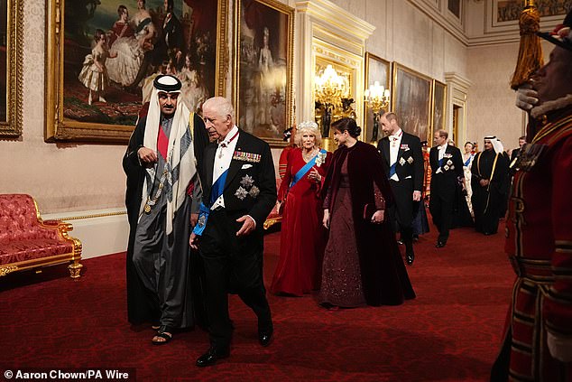 King Charles and the Emir of Qatar led the royal procession, with Queen Camilla and the Emir's wife Sheikha Jawaher right behind