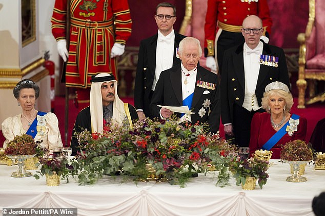 King Charles III and Queen Camilla with the Emir of Qatar Sheikh Tamim bin Hamad Al Thani and The Princess Royal