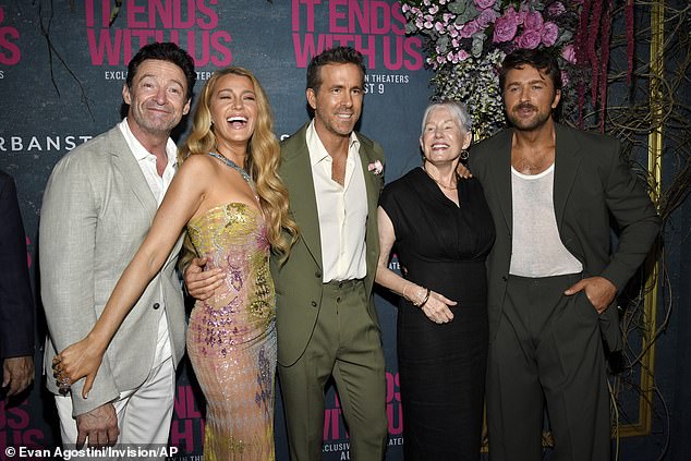 Hugh Jackman, from left, Blake Lively, Ryan Reynolds, Tammy Reynolds and Randon Skelnar attend the world premiere of It Ends With Us on August 6, 2024