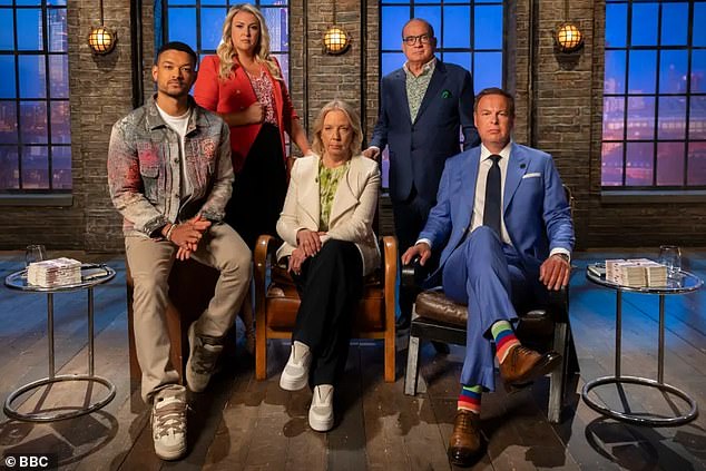 Bartlett (pictured far left) features on the show alongside pictured L-R: Sara Davies, Deborah Meaden, Touker Suleyman and Peter Jones