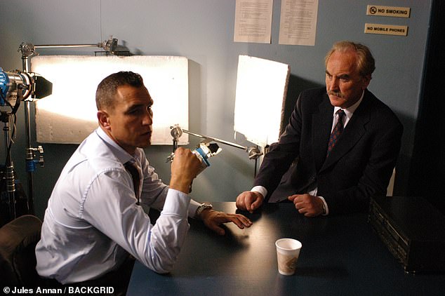 Moriarty on set with Vinnie Jones while filming the 2007 psychological thriller The Riddle