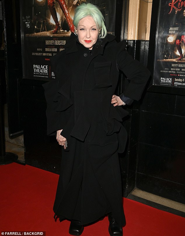 Cyndi Lauper ditched her usual colourful palette as she donned an all-black ensemble at a Kinky Boots party in Manchester on Tuesday night