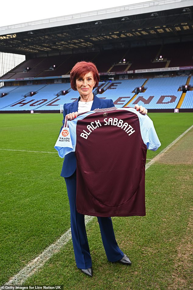 Sharon proudly held up a Villa football shirt with the band's name on the back as she posed pitchside