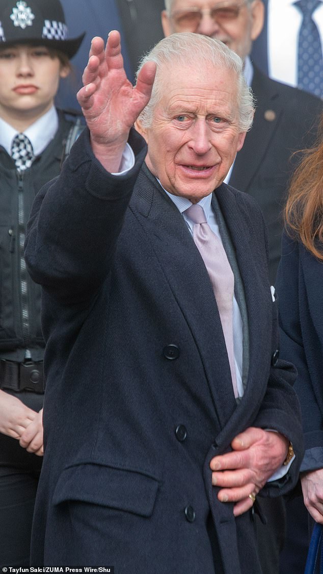 Pictured: King Charles is seen leaving The Polish Social and Cultural Association, POSK, after viewing a newly opened art exhibition and attending a reception with members of the Polish community in London