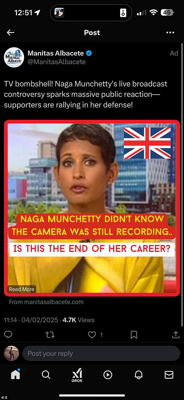 A fake advertisement featuring Naga Munchetty. Bogus news sites encouraged people to invest in cryptocurrency by taking the 'authority, integrity [and] credibility' of trusted figures