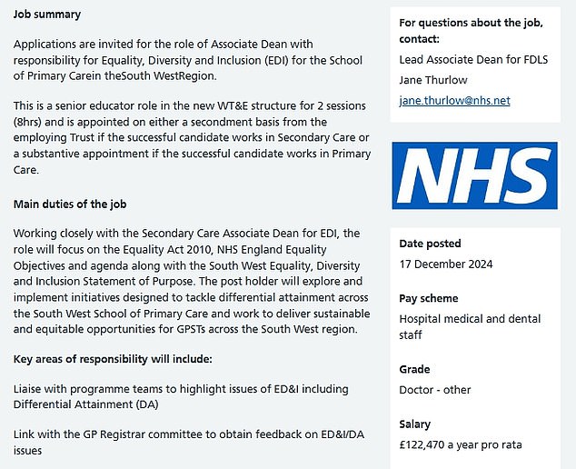 NHS bosses recently advertised a 'woke' equality diversity and inclusion role paying almost £123,000, MailOnline can reveal