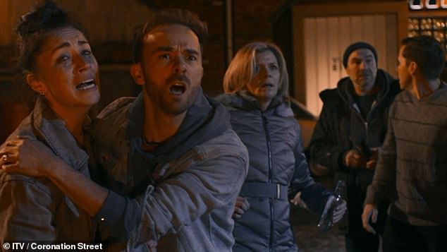 Neighbours gather outside as the Platts' home burst into flames on Coronation Street