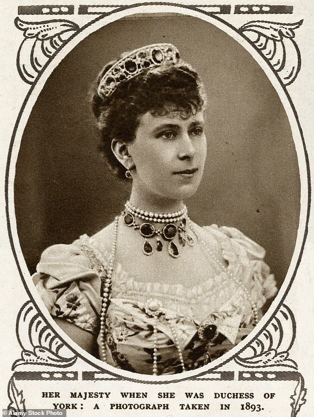 It was bequeathed to Queen Mary (pictured) by Princess Catherine of Württemberg in 1898. The full set was worn by Mary in portraits during her time as the Duchess of York in the 1890s and later as the Princess of Wales in the early 1900s