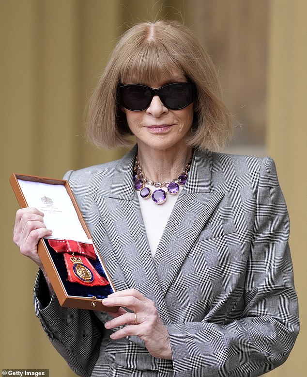 Anna Wintour, editor-in-chief of American Vogue, wore a striking amethyst necklace when she accepted her honours at Buckingham Palace