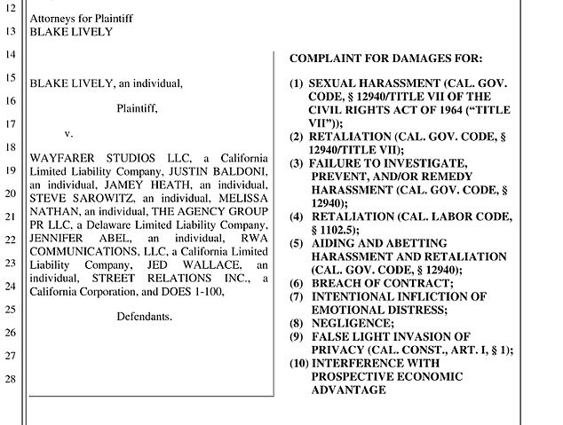 In her complaint filed with the California Civil Rights Department on December 20, Lively named Jed Wallace and his company Street Relations as a defendant