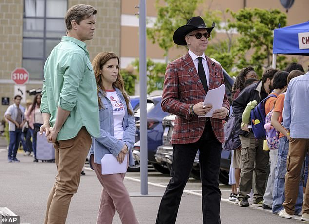 Feig (R) pictured with Andrew Rannells and Anna Kendrick on the set of Another Simple Favor