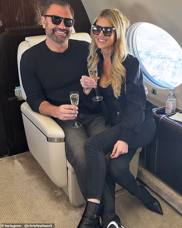 Christina beamed in one photo as she sat on the businessman's lap aboard his private jet while they were mid-flight. 'Some plane flights must be hard posted,' she joked in her caption