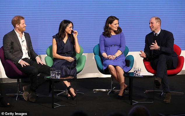 In an extract from Yes Ma’am: The Secret Life of Royal Servants, via The Times, the author added that the Duchess's 'hugging and cheek-kissing fuelled gossip among the staff that Meghan was flirting with William'. Pictured, William, Harry, Kate and Meghan in February 2018