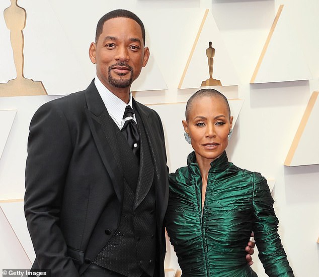 Jumping at the chance to join in on the mockery, Ricky shifted his target to Jaden's famous parents instead, by referencing Chris Rock 's notorious joke about Jada Pinkett that caused Will to slap him at the Oscars (Will and Jada pictured at Oscars)