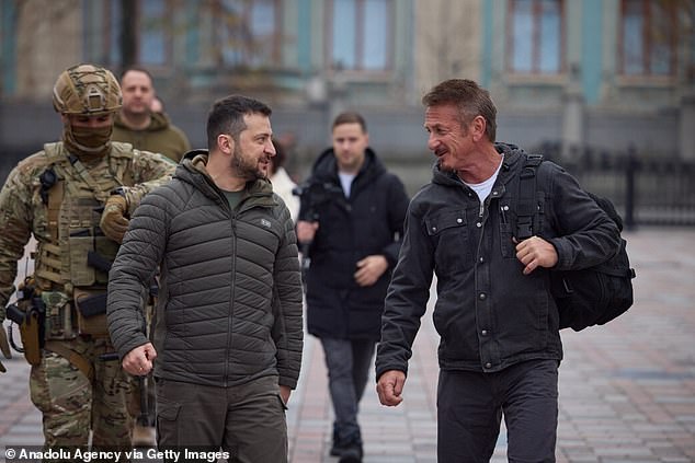 Sean Penn (R) meets Ukrainian President Vladimir Zelensky (L) in Kyiv, Ukraine on November 8, 2022