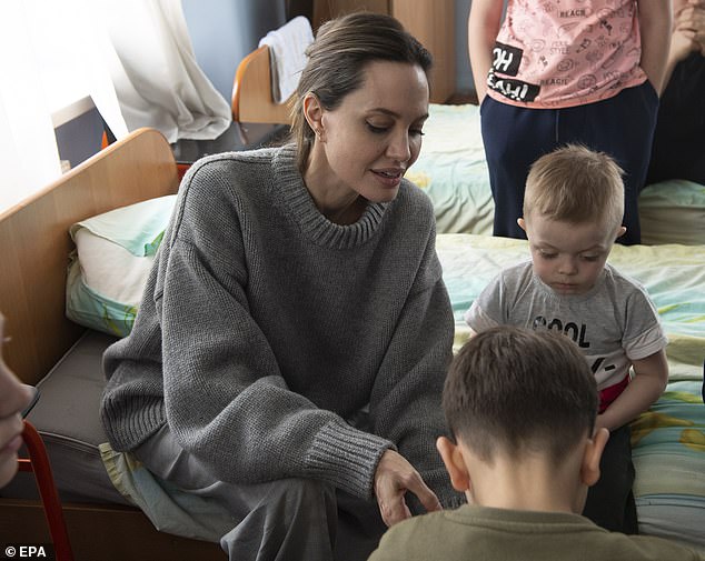 Angelina Jolie visits victims of the Kramatorsk railway station missile strike in Lviv children's hospital, in western Ukraine on April 30, 2022