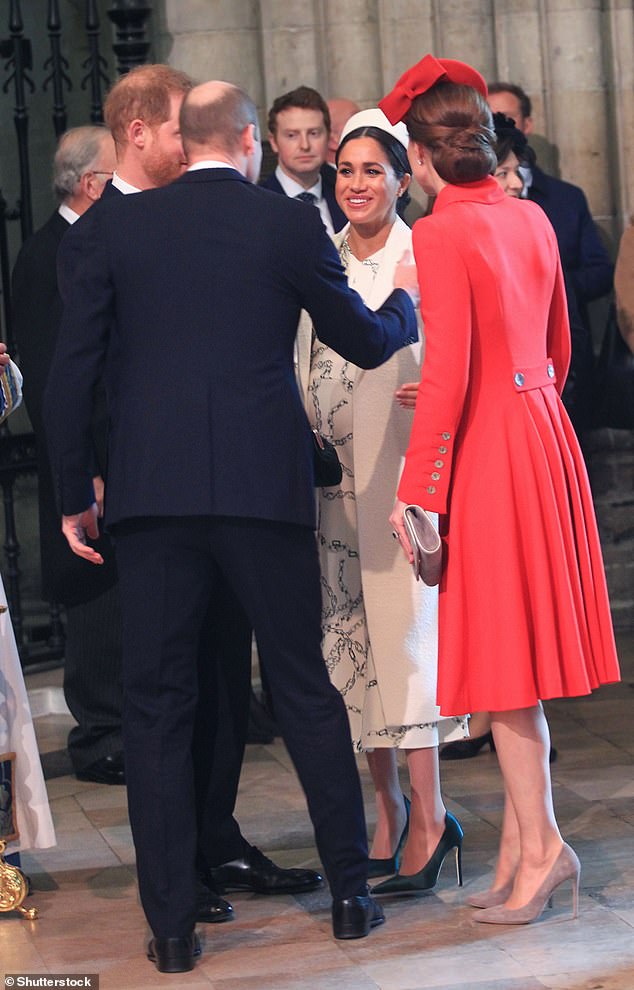 The two couples meet together and exchange kisses at the Commonwealth Day service at Westminster Abbey, London, on March 11, 2019