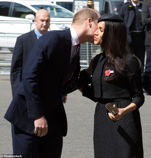 Now, a new book by royal expert and journalist Tom Quinn has echoed these claims, suggesting that the American former actress' tactile manner made the heir to the British throne 'uncomfortable'. Picture, Prince William and Meghan greeting one another in April 2018