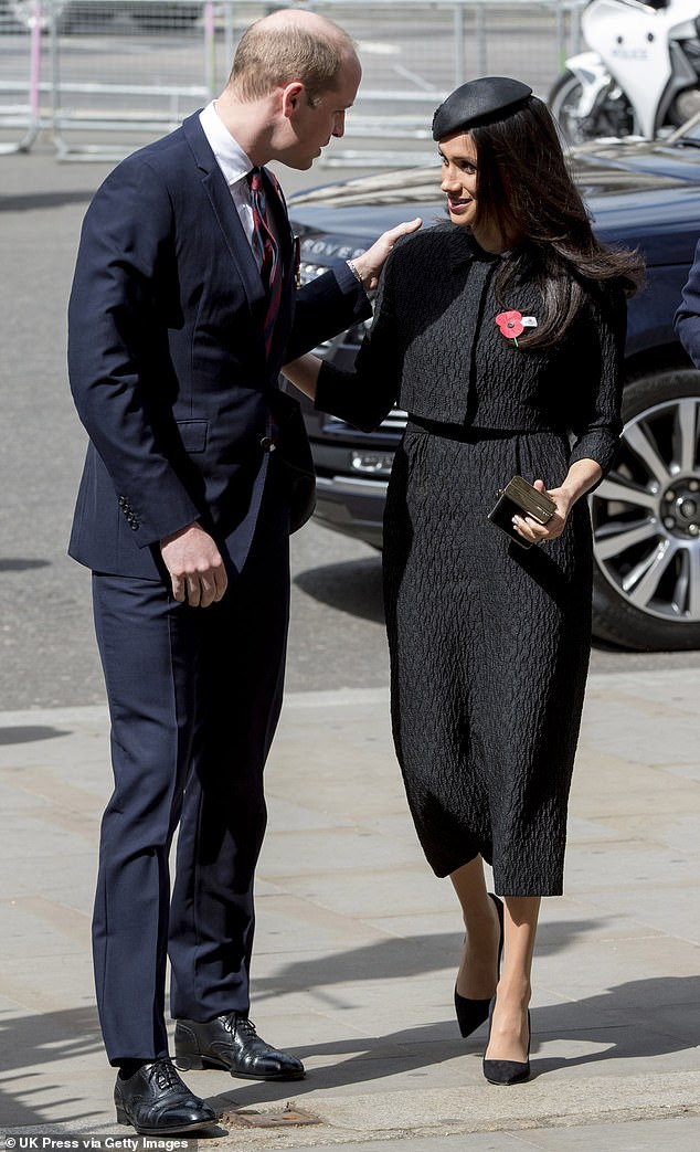 Both Meghan Markle and Prince Harry have insisted that Prince William and his wife, the Princess of Wales, found the Duchess of Sussex's love of hugging 'jarring'. Pictured, Prince William and Meghan Markle in April 2018 in London