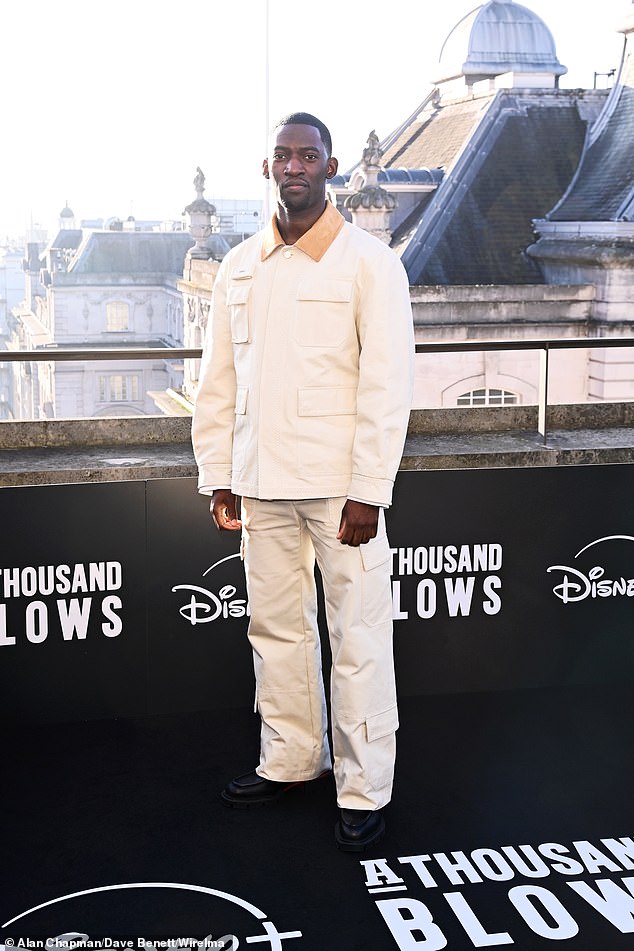 Malachi Kirby opted for an off-white jacket and matching trousers