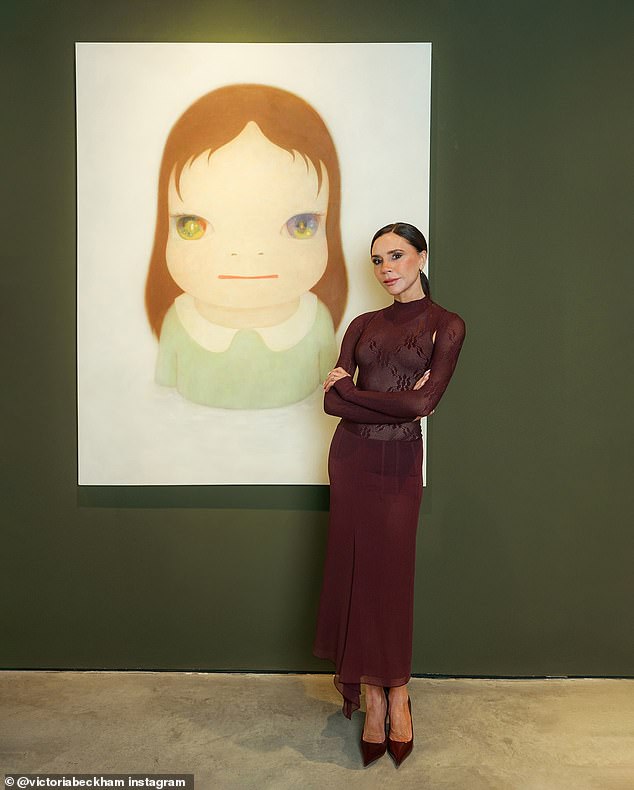 Her stylish ensemble, which she revealed is from her upcoming Victoria Beckham Spring Summer collection, featured a semi-sheer lace top with a high collar, detachable sleeves, and a draped skirt