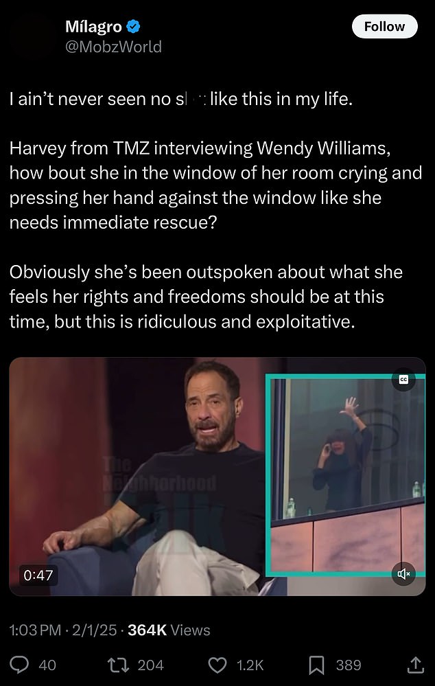 He reposted someone sharing a clip from TMZ special Saving Wendy featuring Harvey Levin talking to Wendy while a clip of her was shown of her putting her hand on the window for her apartment while talking on the phone and seemingly crying