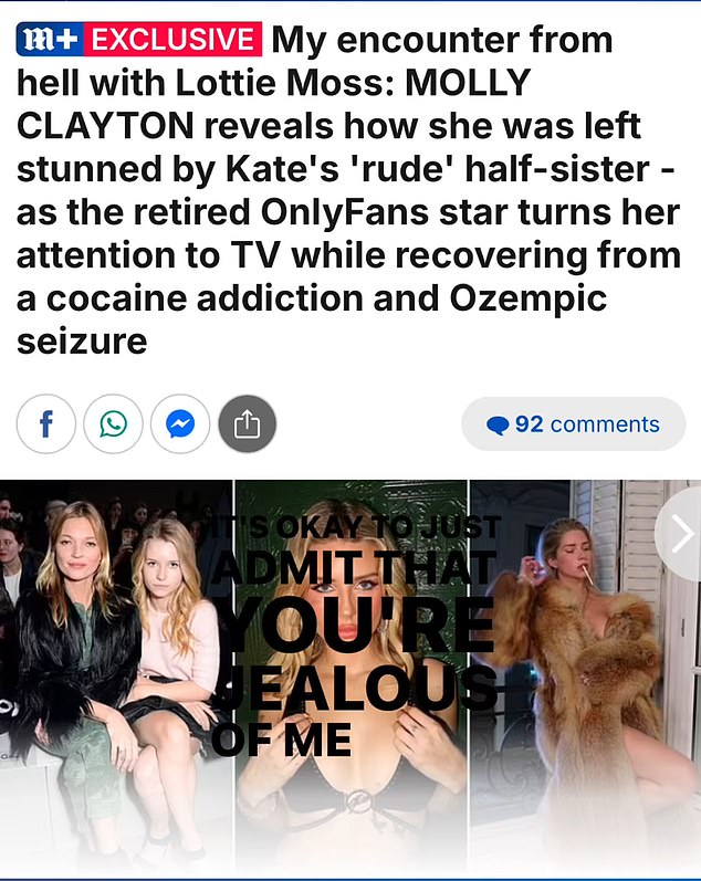 The screenshot of Molly's article that Lottie Moss posted on Instagram. She overlaid the lyrics of the Charlie XCX song Von Dutch, suggesting reporter Molly Clayton is 'jealous' of her