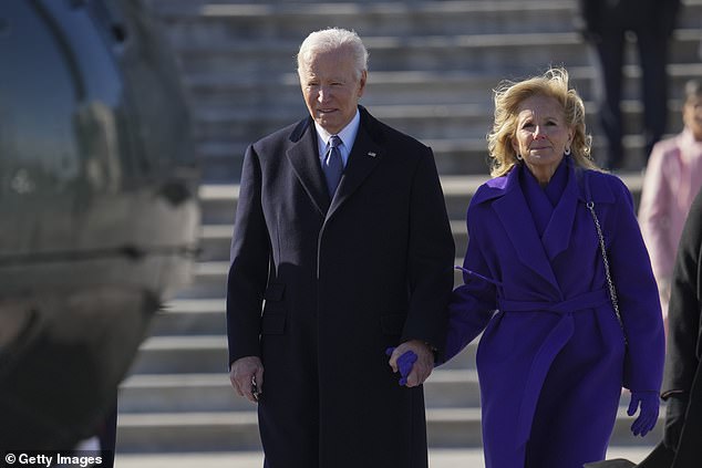 Former President Joe Biden (left) and first lady Jill Biden (right) depart Washington after watching President Donald Trump be sworn-in on Inauguration Day