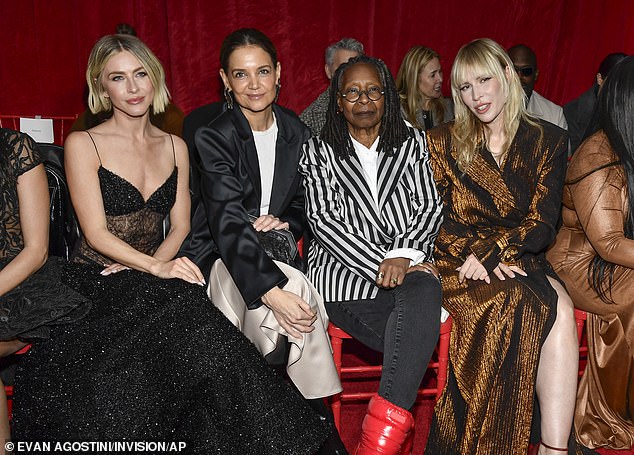 Julianne and Katie were joined by Whoopi Goldberg ¿ in a black-and-white striped sport coat, black jeans and red casual boots ¿ and Natasha Bedingfield ¿ in a gold striped jacket