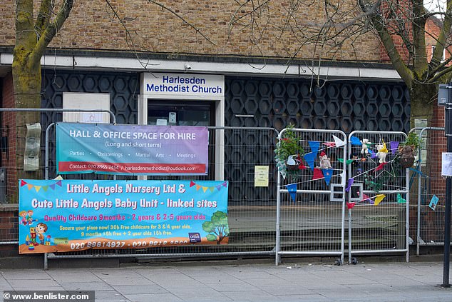 The Harlesden Methodist Church with adverts for the Little Angels Nursery and hall and office space for hire