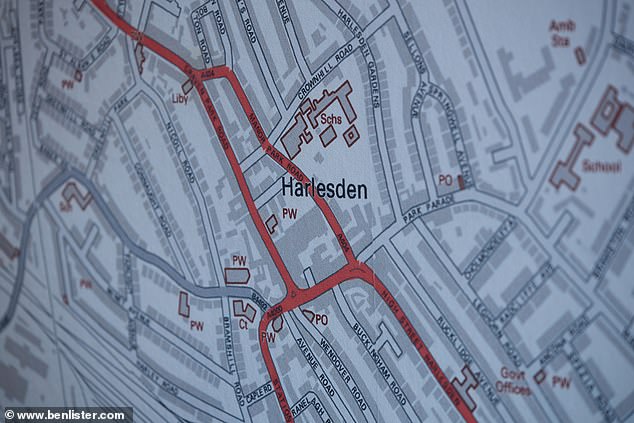 A map of Harlesden in north west London showing the main raods and the high street