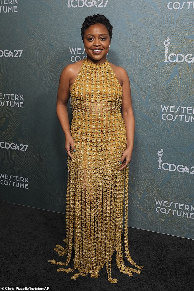 Abbott Elementary star and creator Quinta Brunson wowed onlookers in a striking gold 3D floral