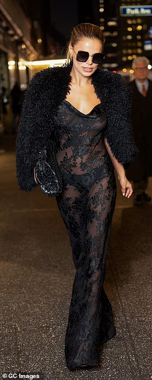 The Dancing with the Stars #33 alum wore a sheer lacy L'AGENCE dress beneath the brand's 'Kiana' faux-fur shawl, Marc Jacobs sunglasses, and a Bottega Veneta bag